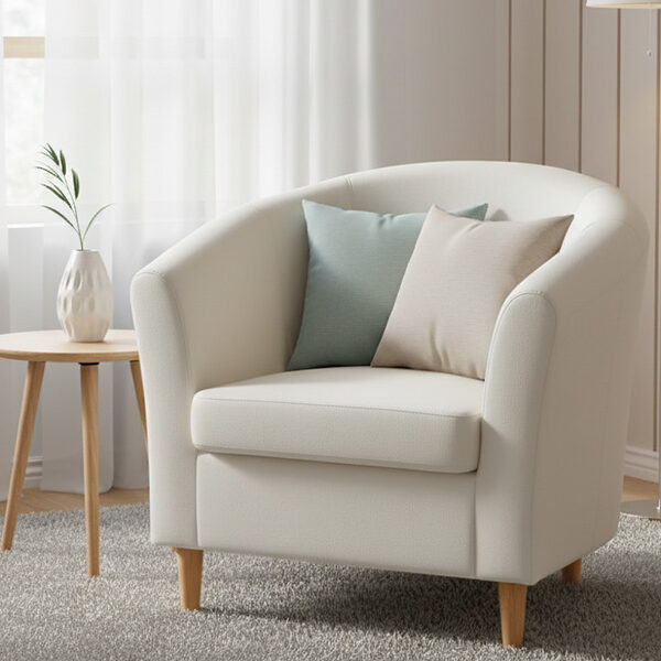 Modern Barrel Single Sofa Chair – White Leather (Model: SF 702)