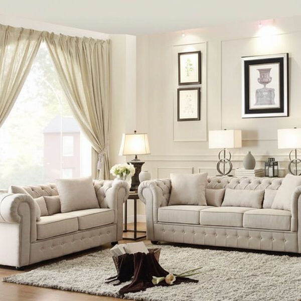 SF 718 – Classic 3+2+1+1 Seater Chesterfield Sofa Set in Soft Beige Velvet with Tufted Back Design