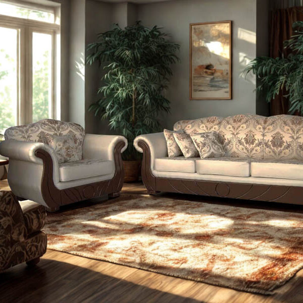 SF 721 – Classic 3+2+1+1 Seater Sofa Set in Floral Fabric with Elegant Wooden Base Design